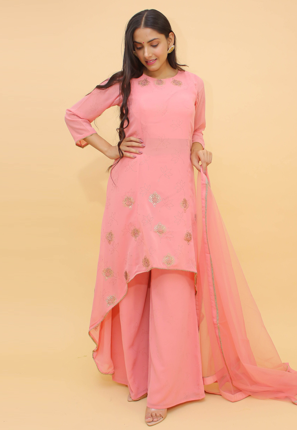 Pink Georgette Readymade Palazzo Suit 242609