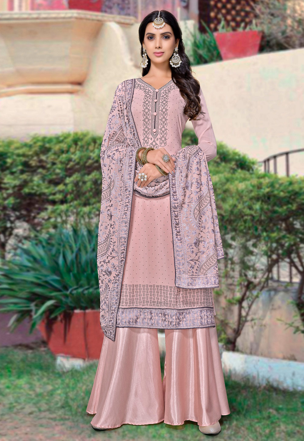 Pink Georgette Palazzo Suit 231430