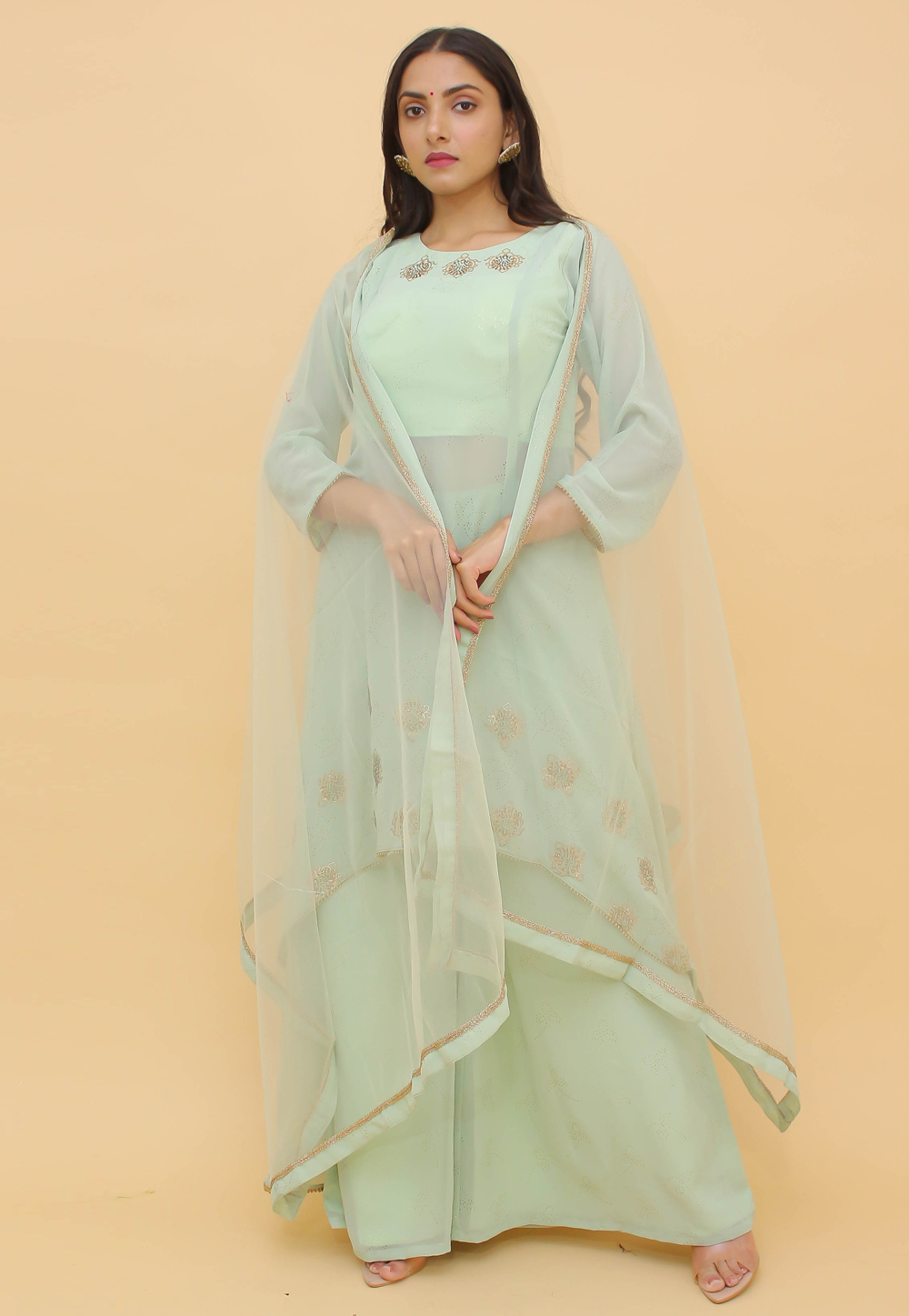 Pista Green Georgette Readymade Palazzo Suit 242611