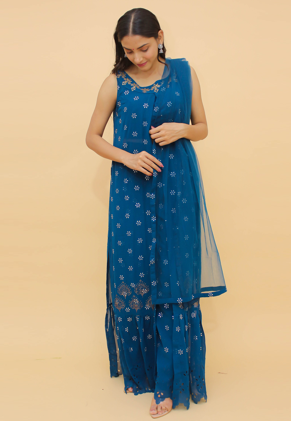 Blue Georgette Readymade Palazzo Suit 242612