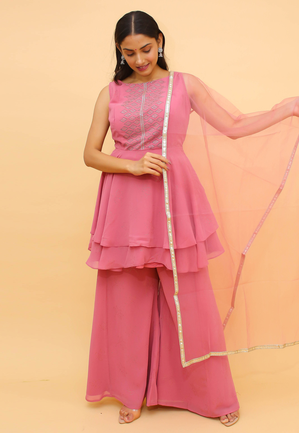 Pink Georgette Readymade Palazzo Suit 242613