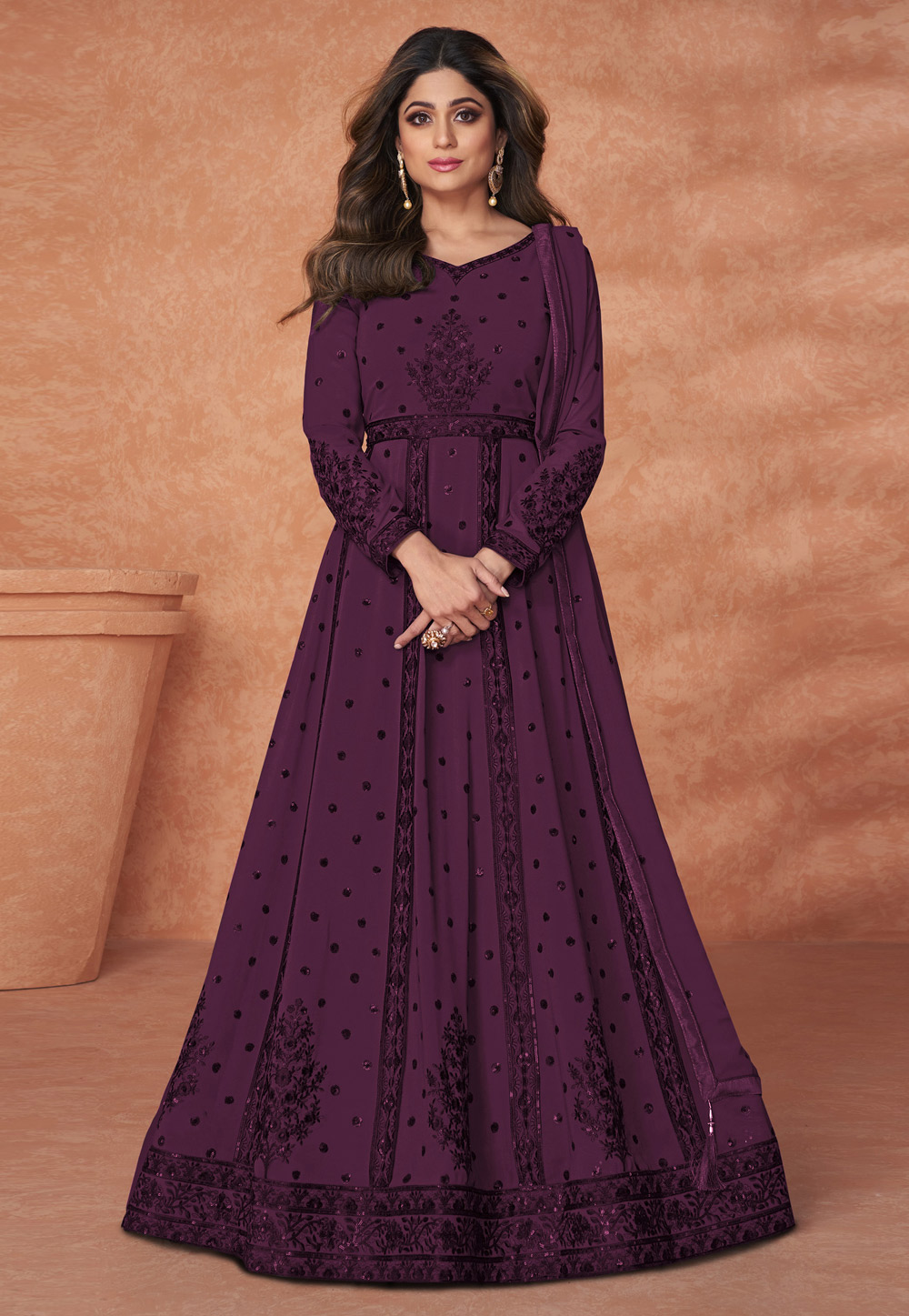 Shamita Shetty Purple Faux Georgette Long Anarkali Suit 255024