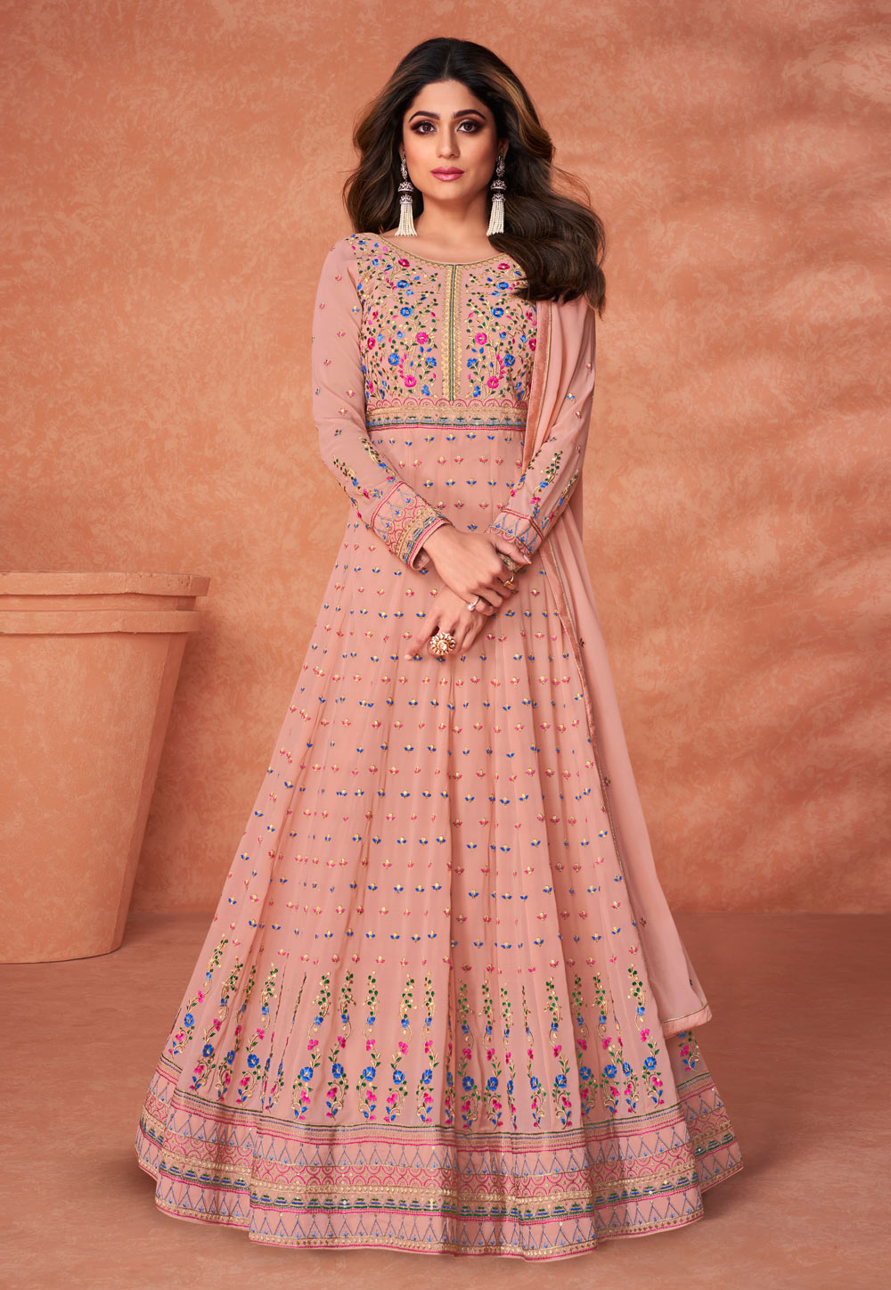Shamita Shetty Pink Georgette Long Anarkali Suit 246101