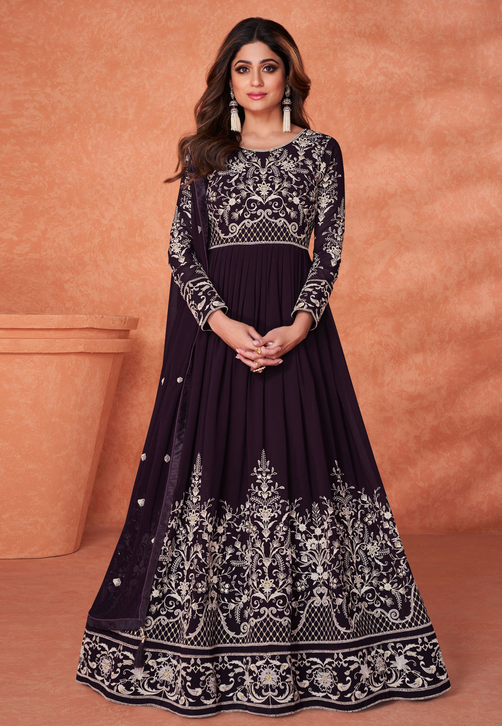 Shamita Shetty Purple Georgette Abaya Style Anarkali Suit 246102