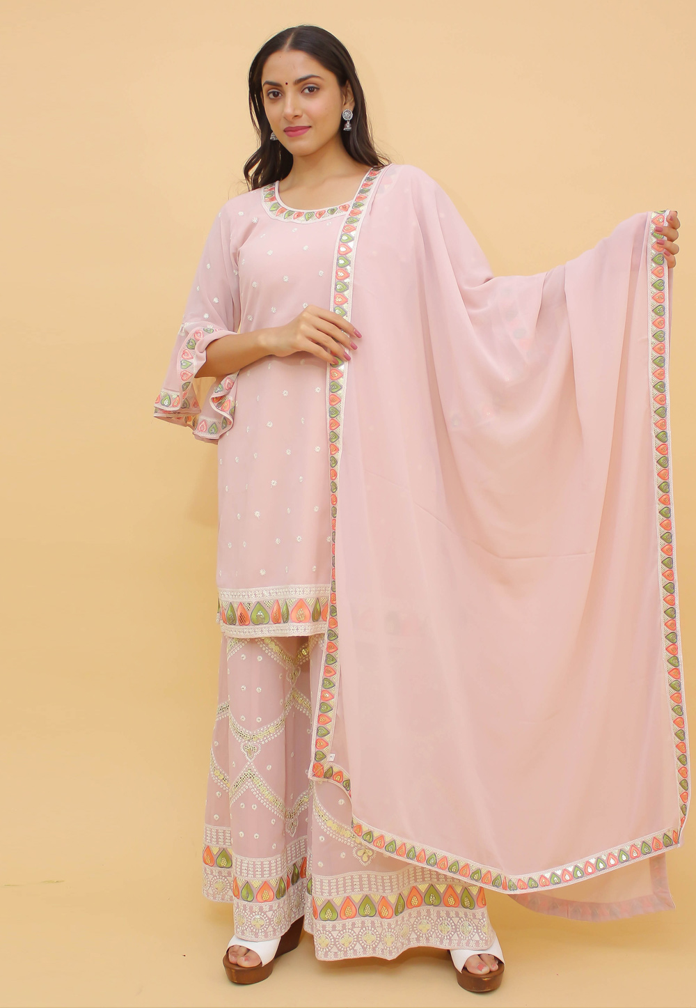 Pink Georgette Readymade Palazzo Suit 242616