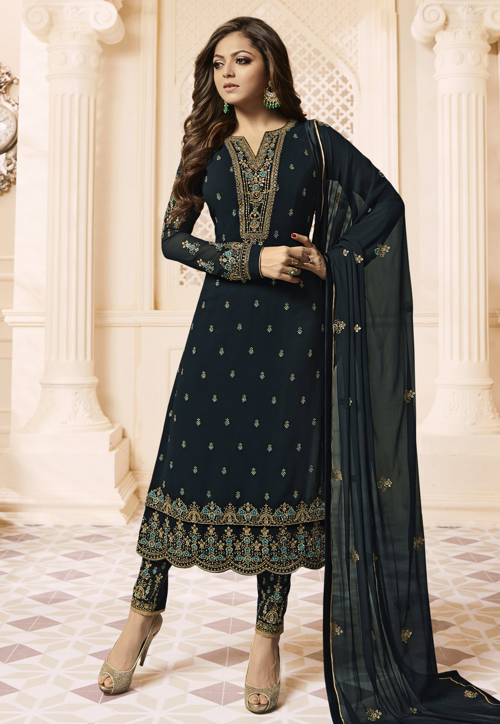 Drashti Dhami Dark Blue Faux Georgette Bollywood Suit 161553