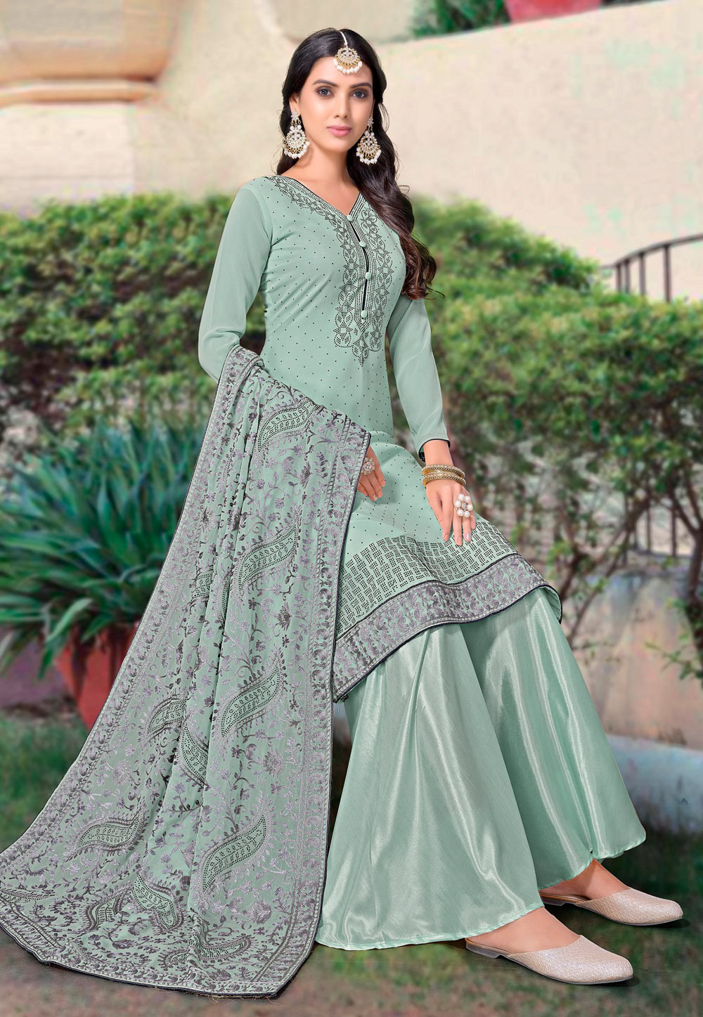 Sea Green Georgette Kameez With Palazzo 231431