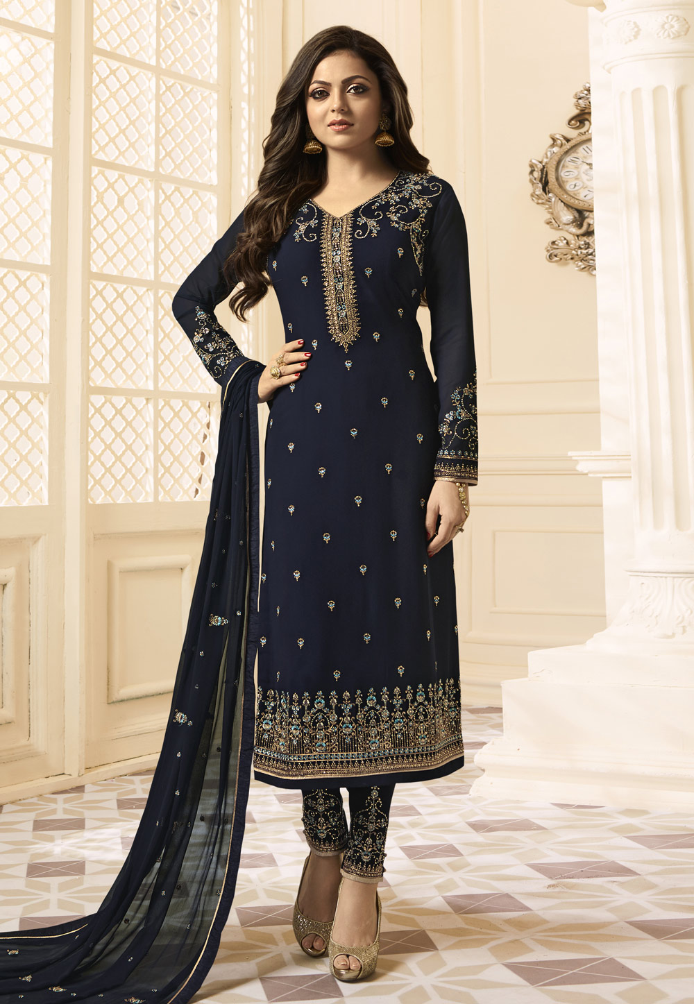 Drashti Dhami Navy Blue Satin Pakistani Style Suit 161557