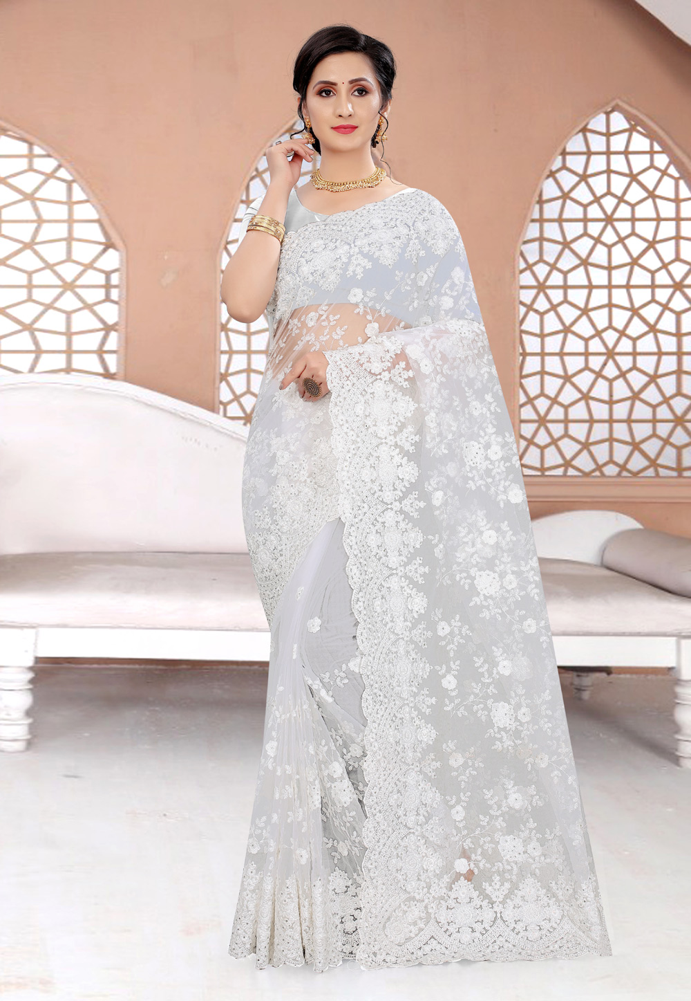 Off White Net Saree With Blouse 230269