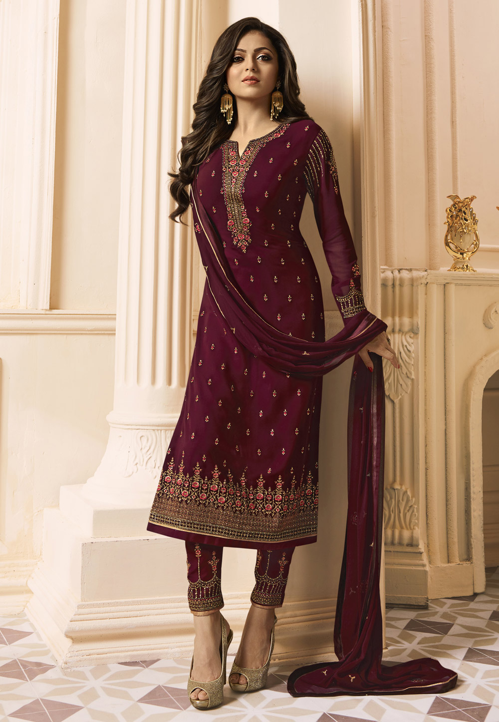 Drashti Dhami Purple Satin Pant Style Suit 161560