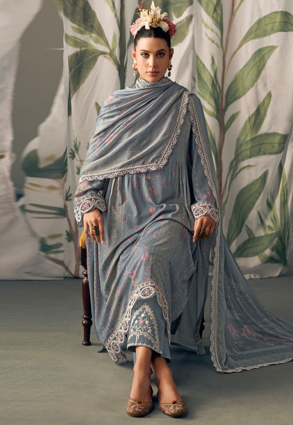 Grey Muslin Pakistani Palazzo Suit 275947