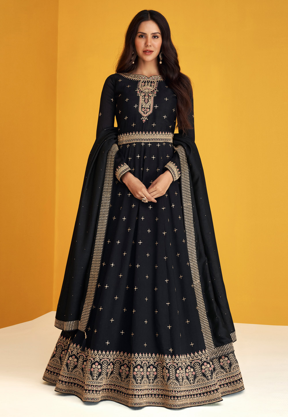 Black Silk Abaya Style Anarkali Suit 247386