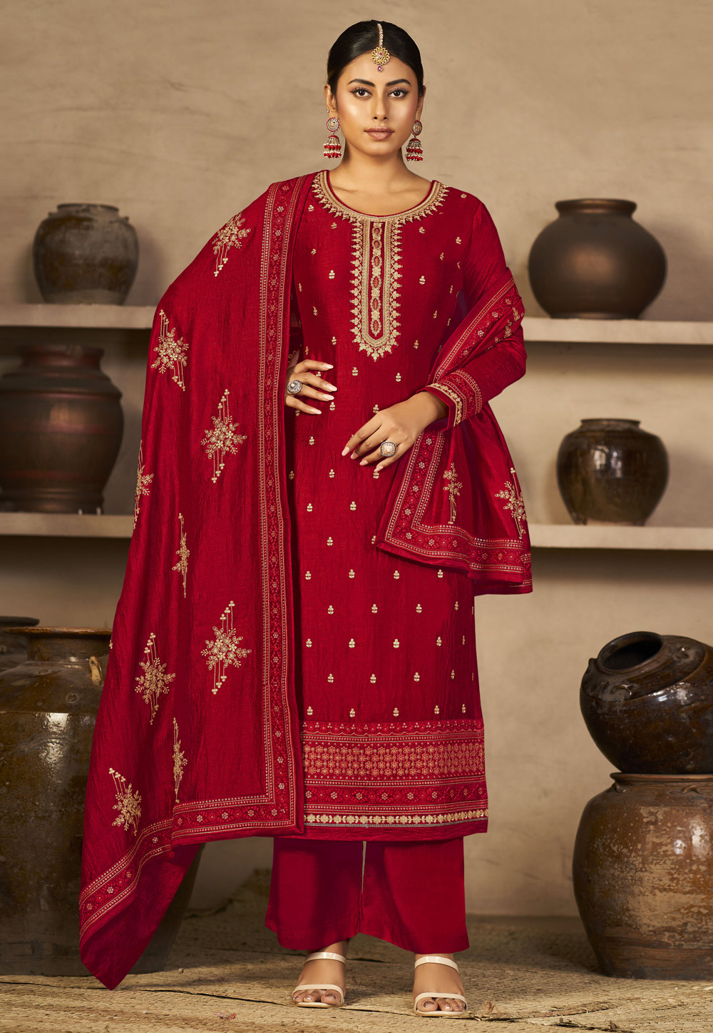 Red Silk Pakistani Suit 256008