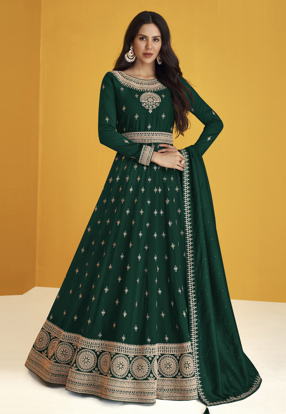 Green Faux Georgette Abaya Style Anarkali Suit 252129