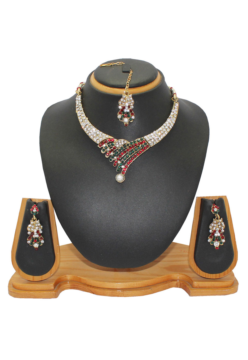 Maroon Alloy Austrian Diamonds Necklace With Earrings and Maang Tikka 64336