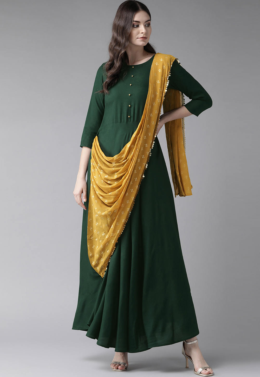 Green Rayon Readymade Gown With Attached Dupatta 201032
