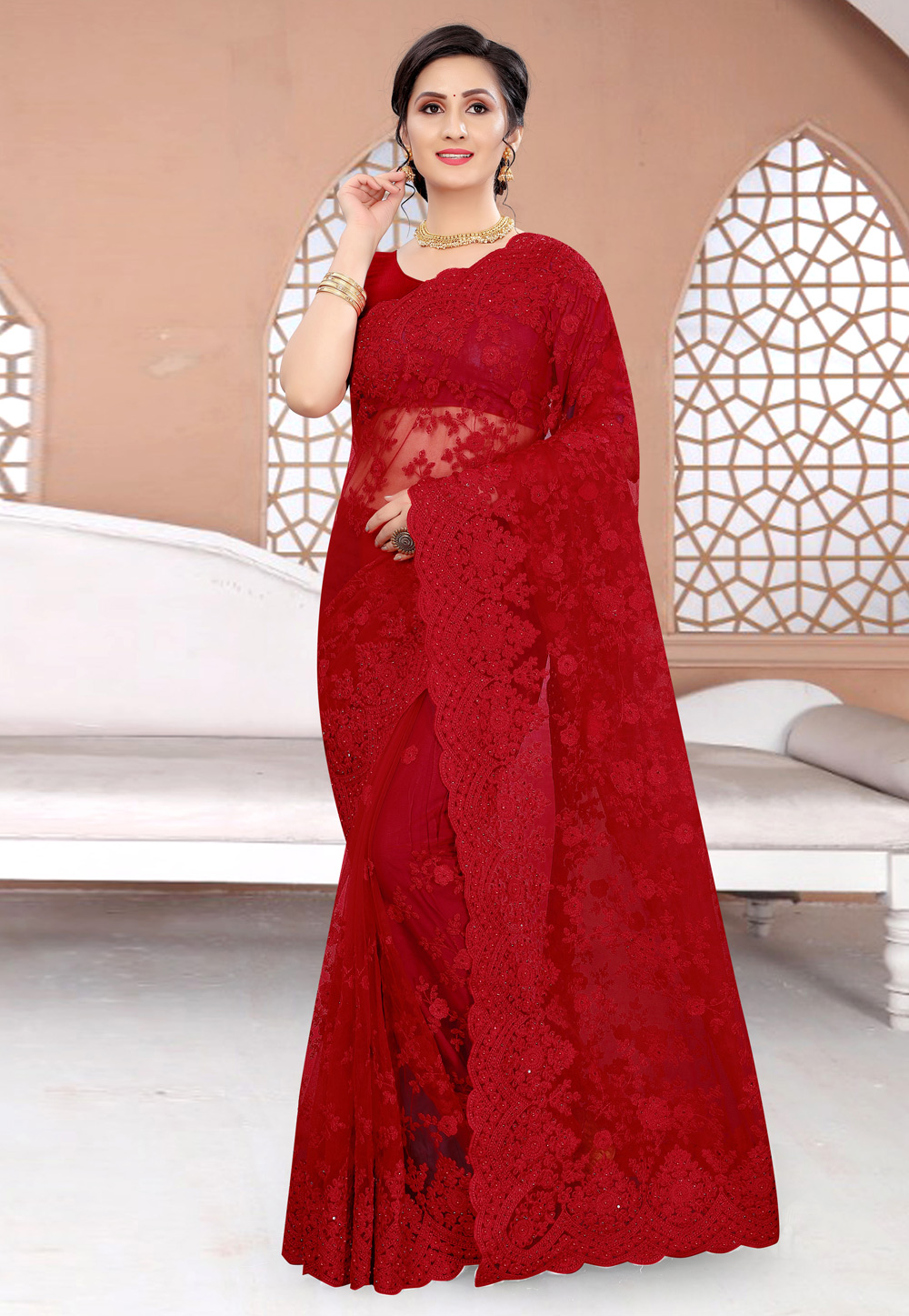 Red Net Saree With Blouse 230270
