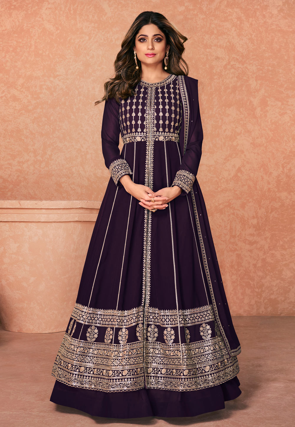 Shamita Shetty Purple Georgette Abaya Style Anarkali Suit 245897