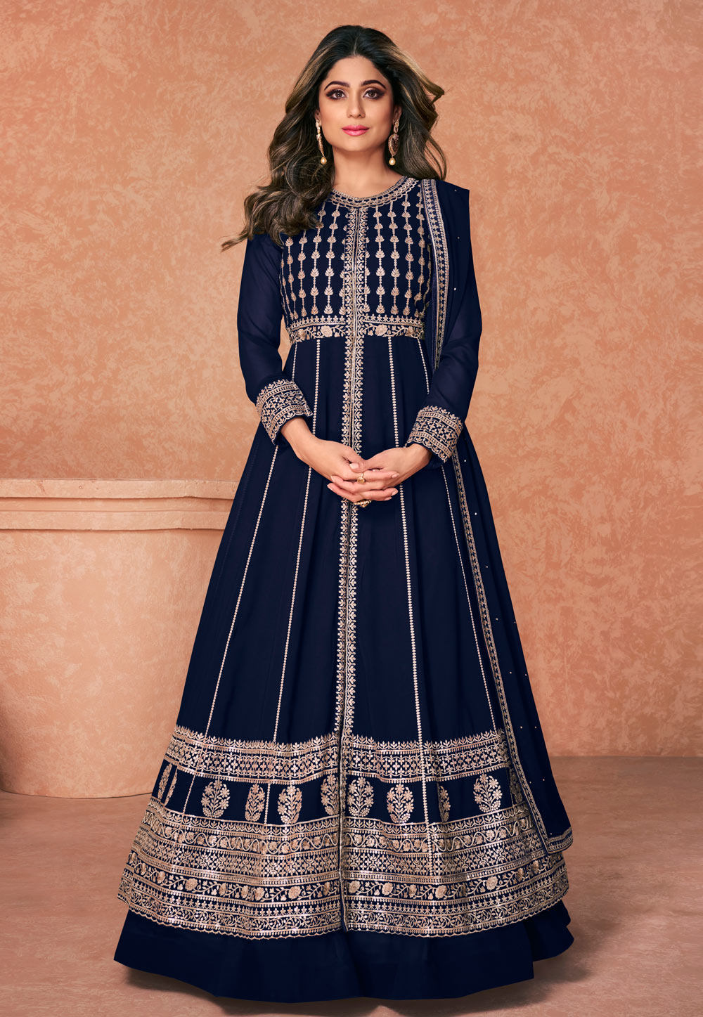 Shamita Shetty Navy Blue Georgette Long Anarkali Suit 245900