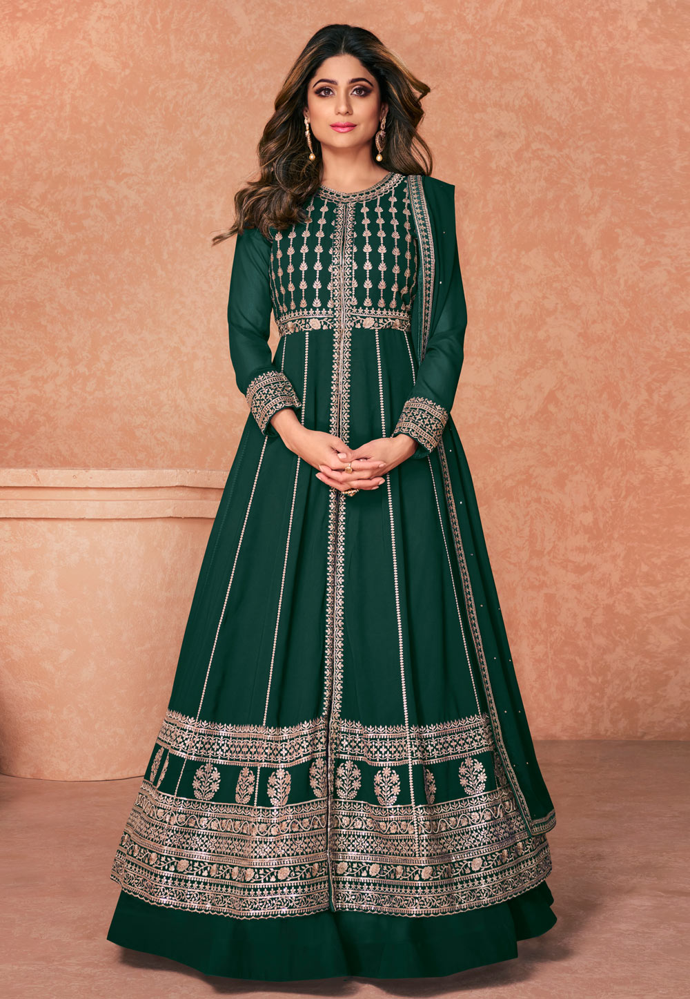Shamita Shetty Green Georgette Abaya Style Anarkali Suit 245901
