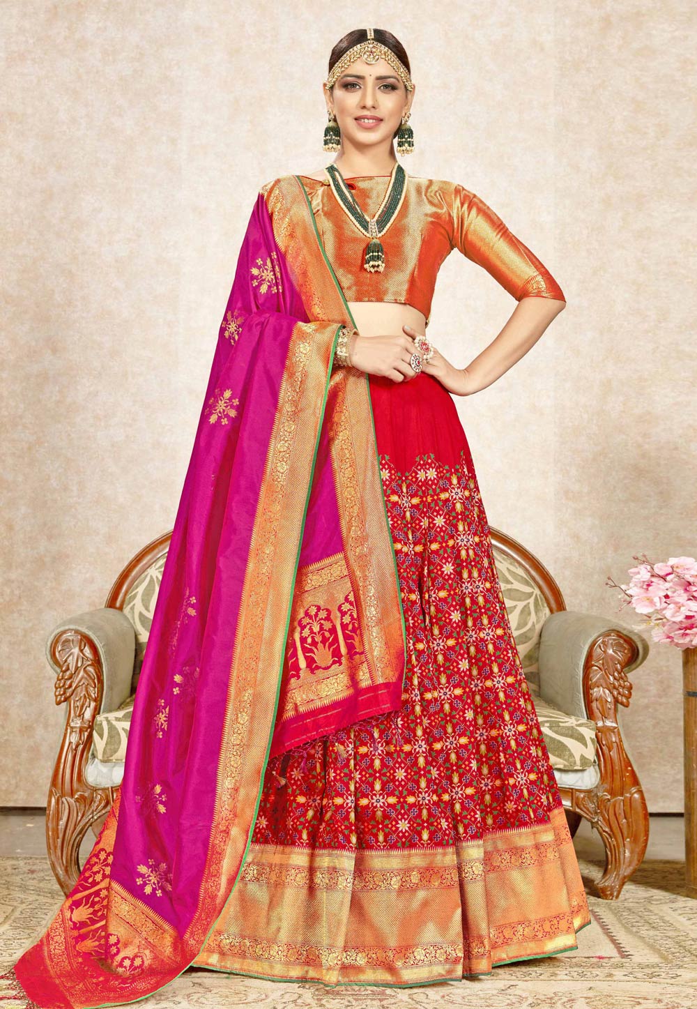 Red Banarasi Silk Circular Lehenga Choli 199279