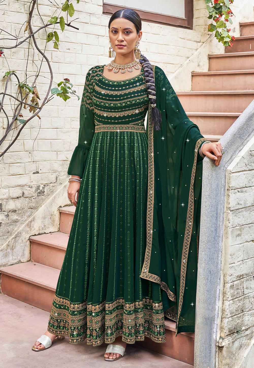 Green Georgette Abaya Style Anarkali Suit 256604