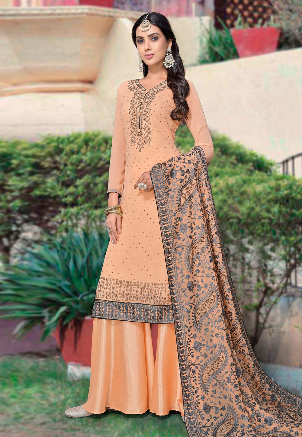 Peach Georgette Kameez With Palazzo 231433