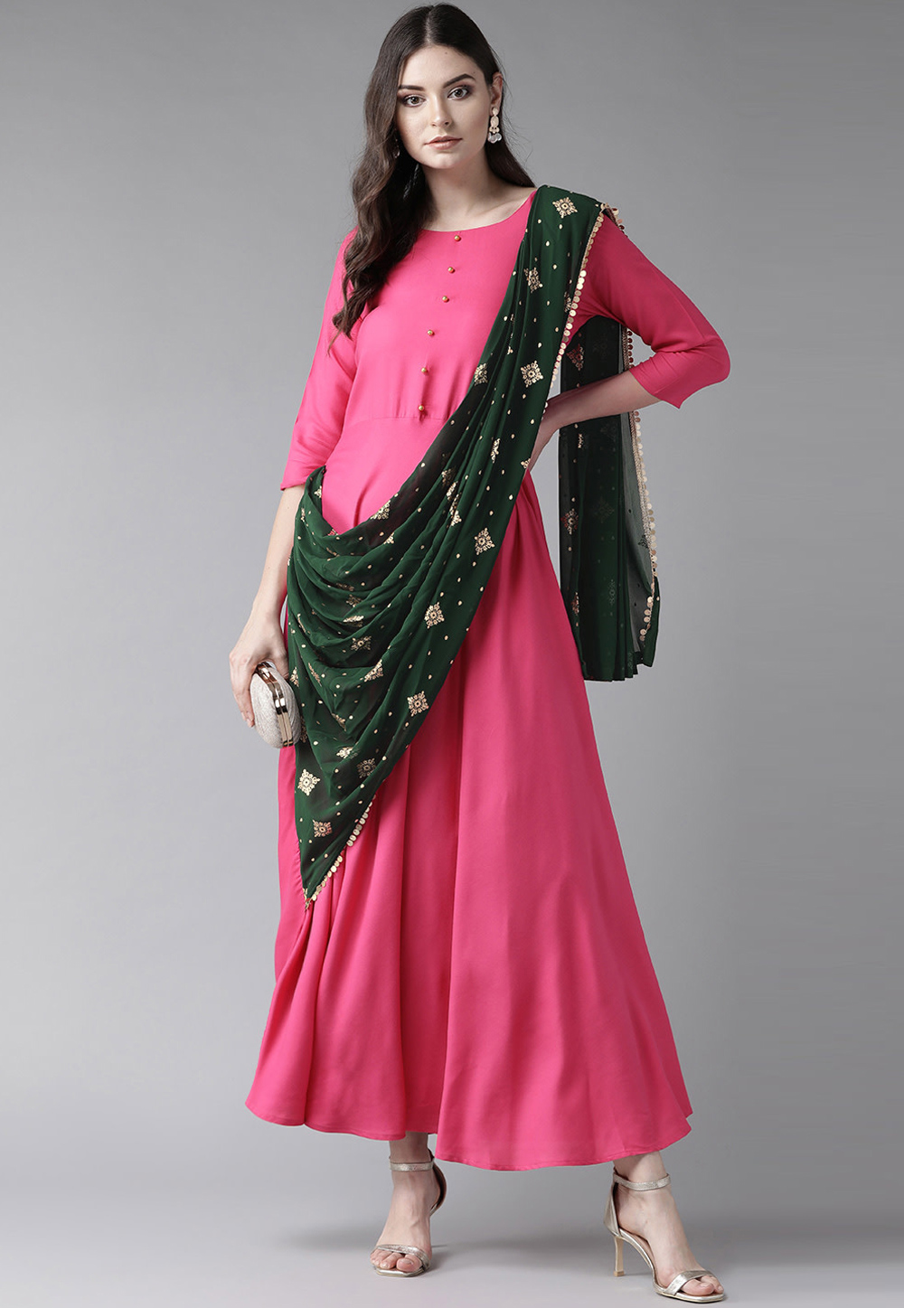Pink Rayon Readymade Attached Dupatta With Gown 201033