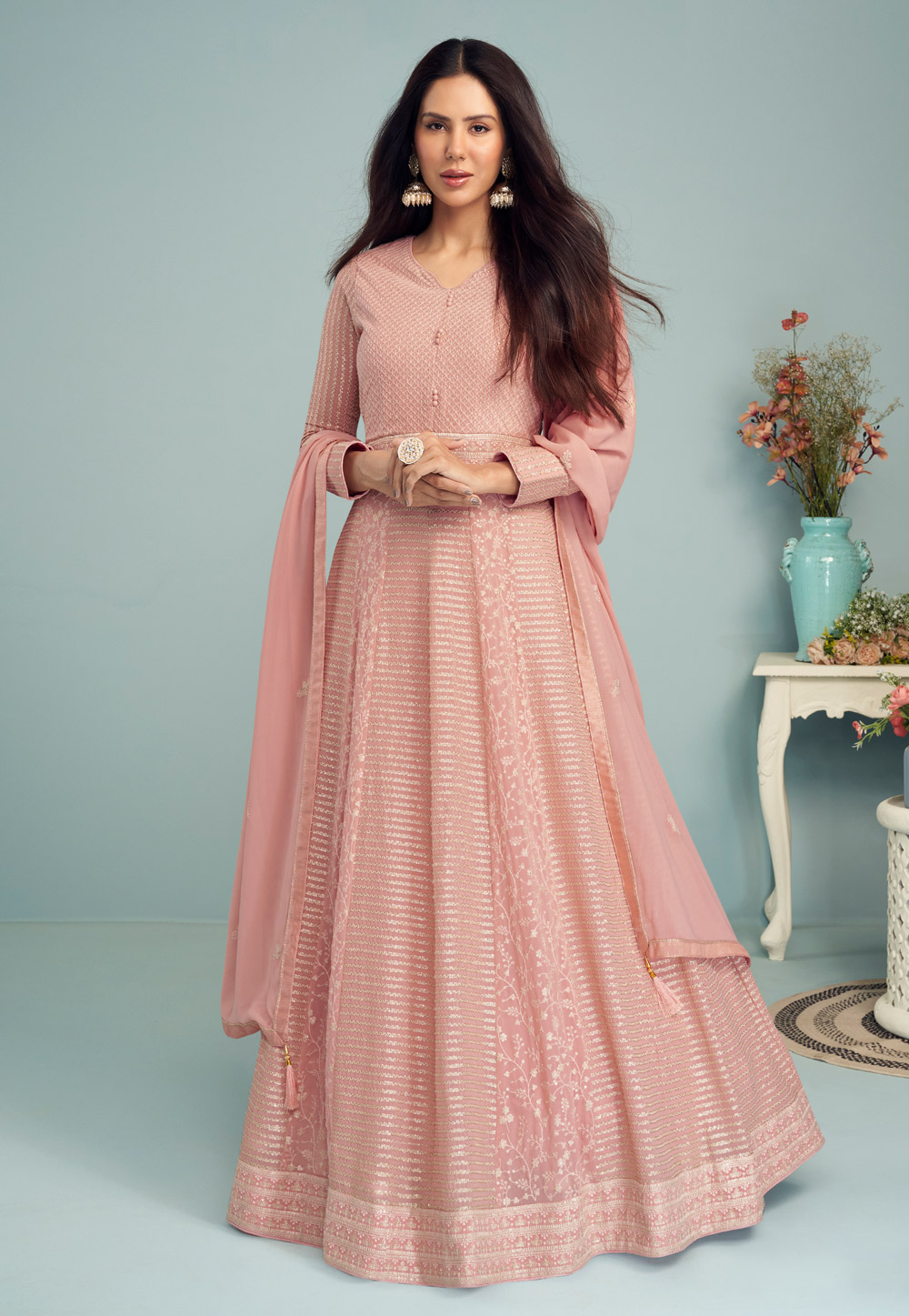 Pink Georgette Abaya Style Anarkali Suit 247510