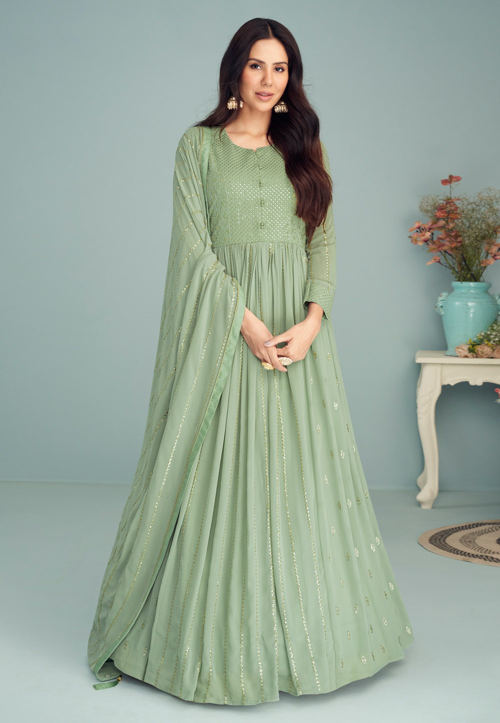 Light Green Georgette Abaya Style Anarkali Suit 247512