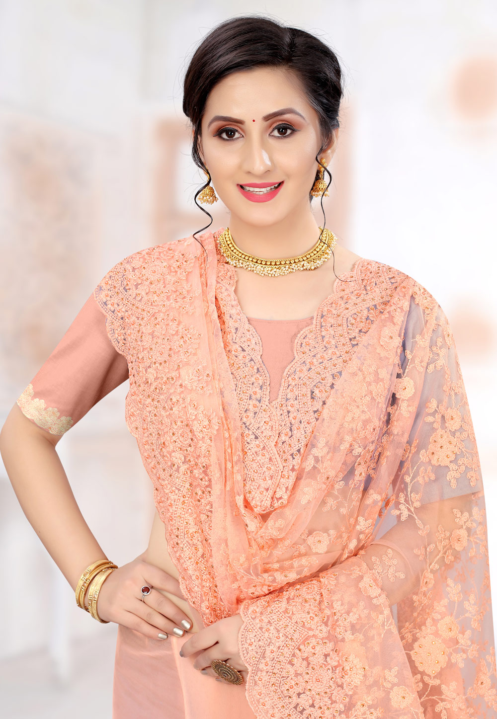 Buy online Super Net beautiful Designer Saree with extraordinary embroidery- Peach-AF263