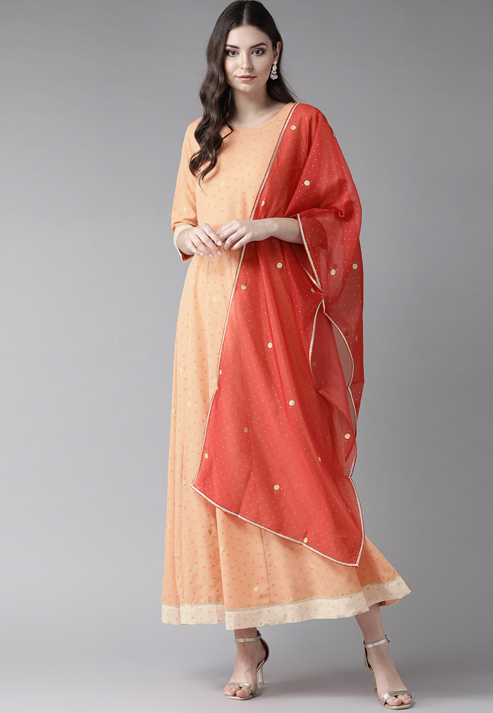 Peach Crepe Readymade Ankle Length Anarkali Suit 201035