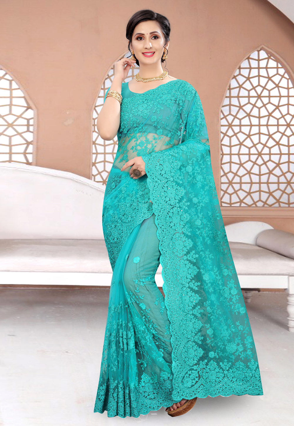 Turquoise Net Saree With Blouse 230273