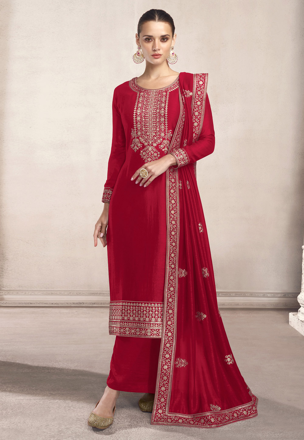 Magenta Silk Embroidered Palazzo Suit 249095