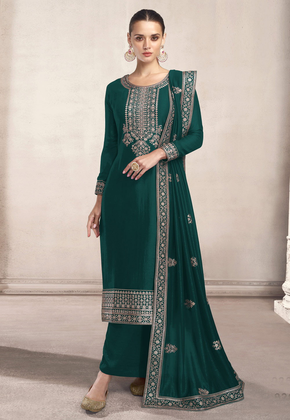 Green Silk Embroidered Palazzo Suit 249096