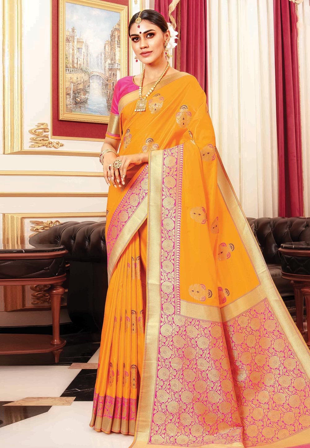 Yellow Banarasi Silk Saree With Blouse 201605