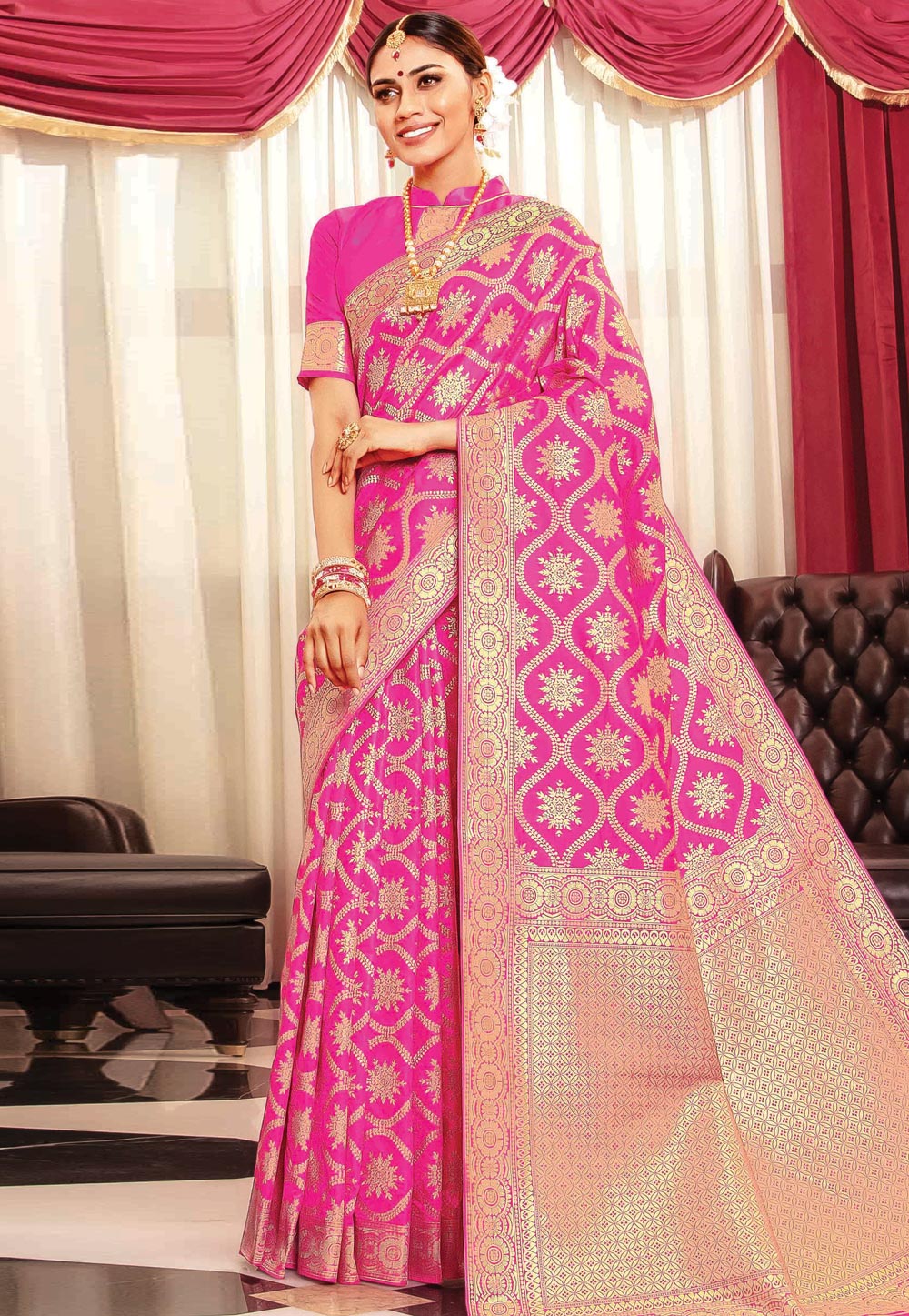 Pink Banarasi Silk Saree With Blouse 201606