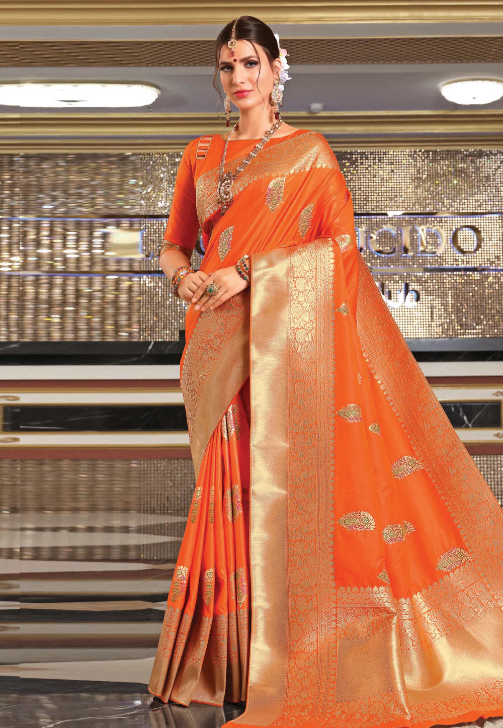Orange Banarasi Silk Saree With Blouse 201609
