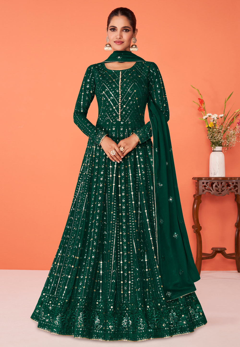 Green Georgette Abaya Style Anarkali Suit 247027