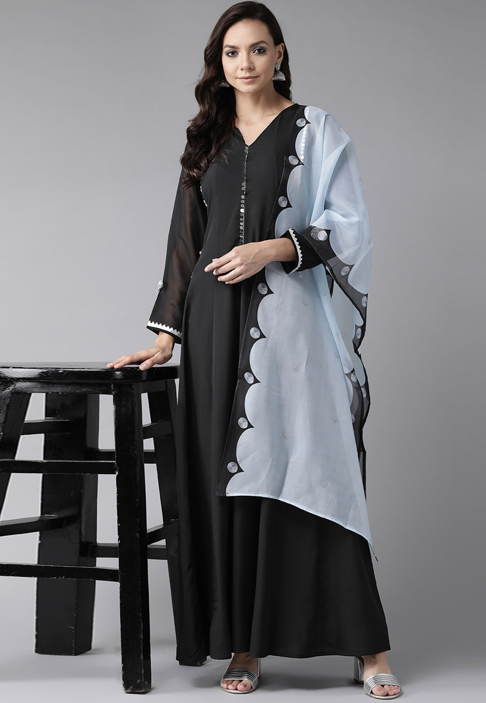 Black Crepe Readymade Abaya Style Anarkali Suit 201036