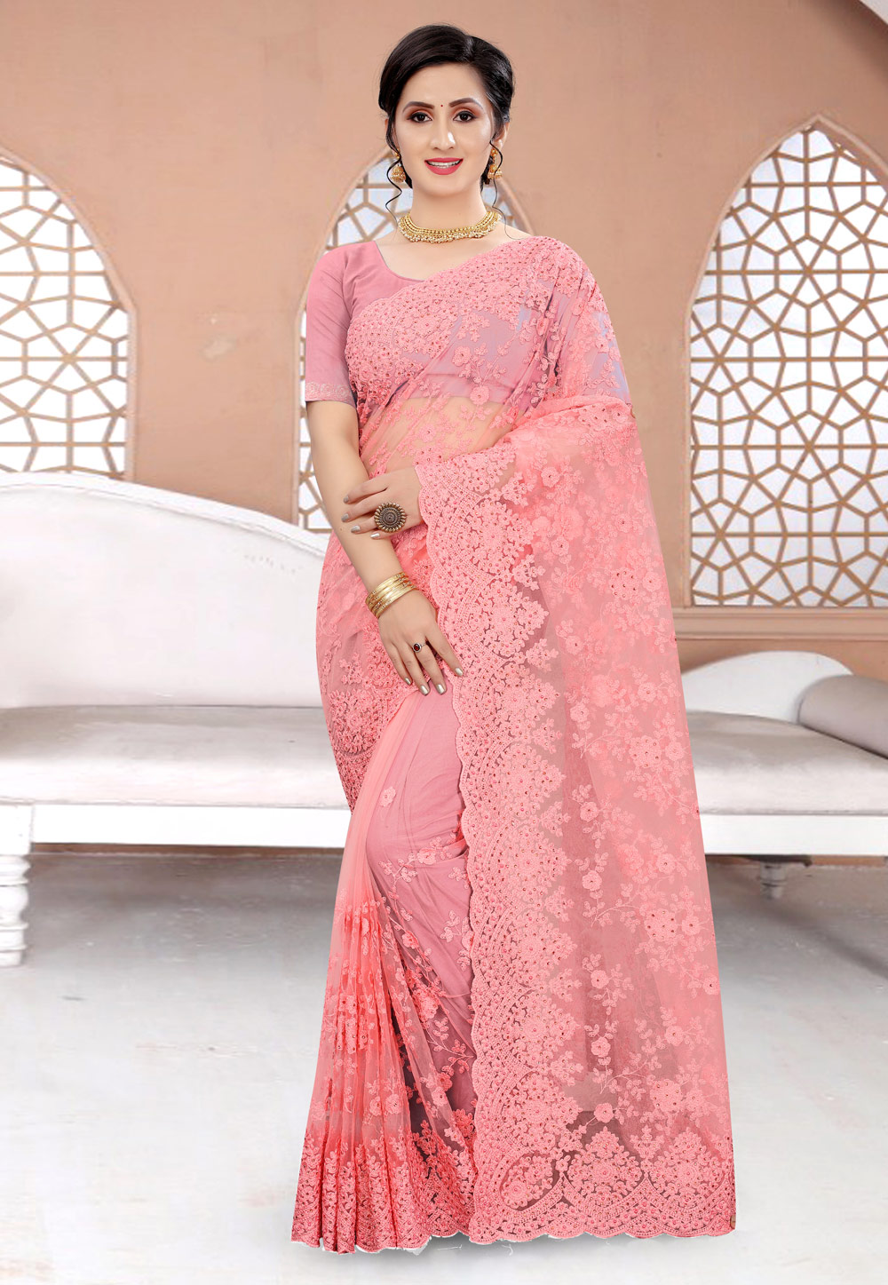 Pink Net Festival Wear Saree 230274