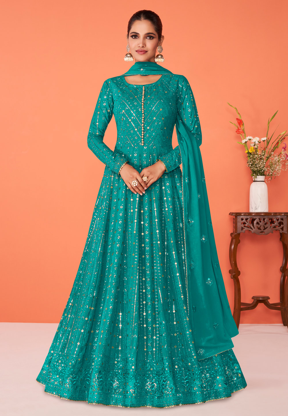 Turquoise Georgette Abaya Style Anarkali Suit 247029