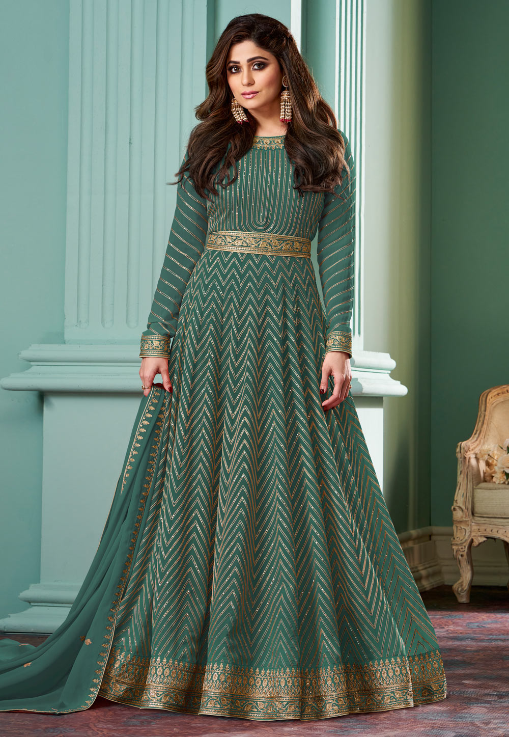Shamita Shetty Sea Green Embroidered Anarkali Suit 246732