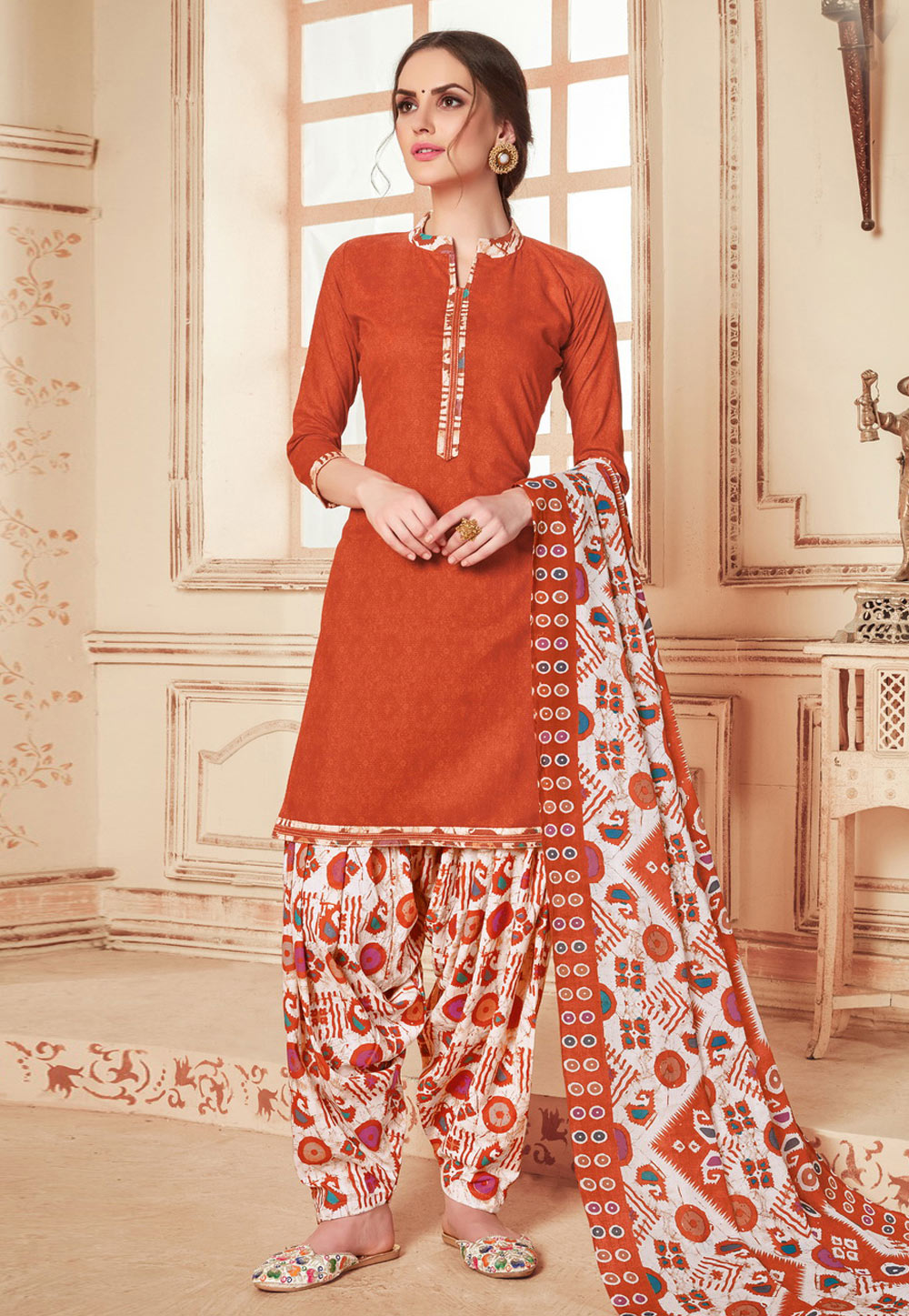 Orange Cotton Printed Punjabi Suit 199649
