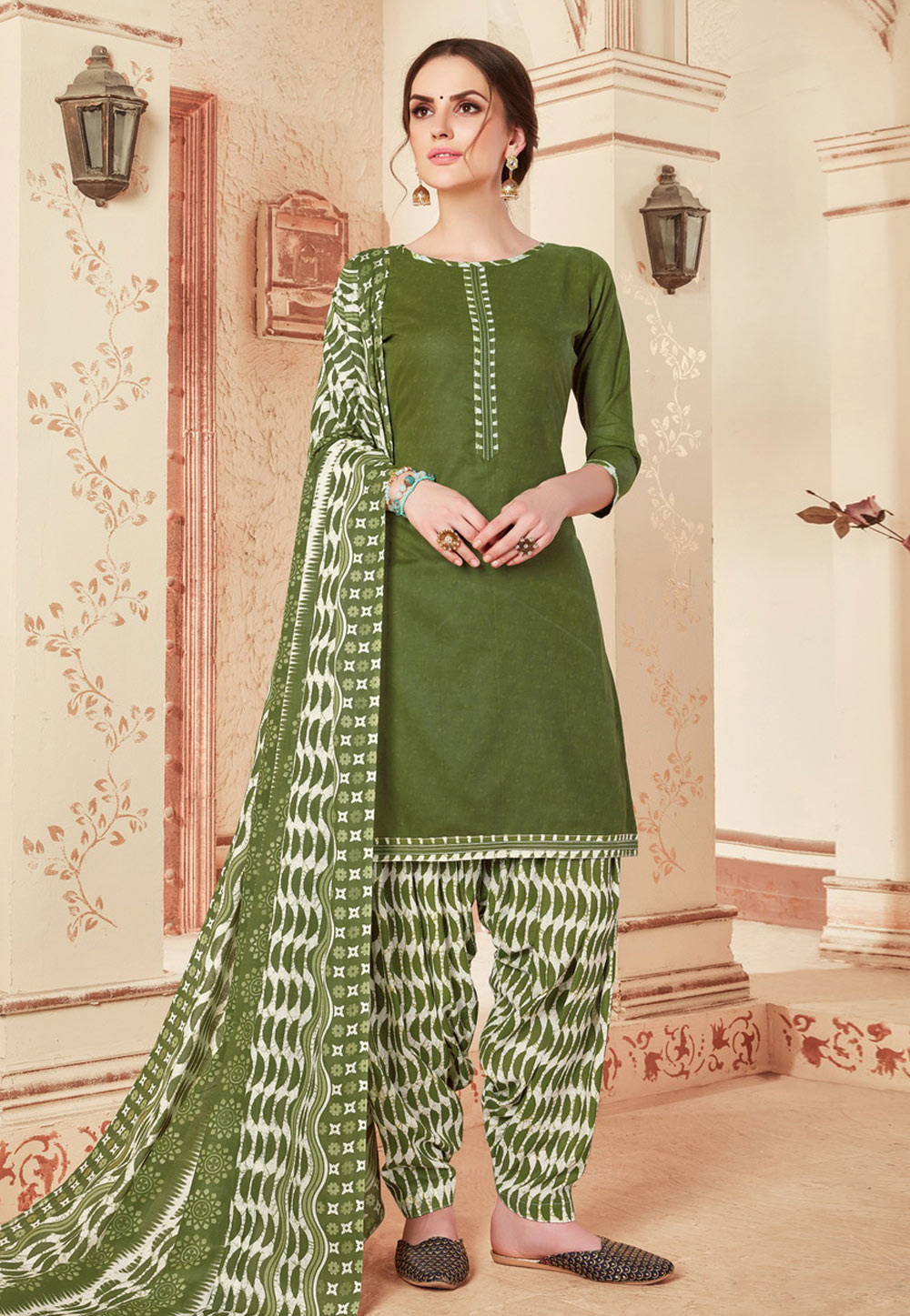 Green Cotton Printed Patiala Suit 199650
