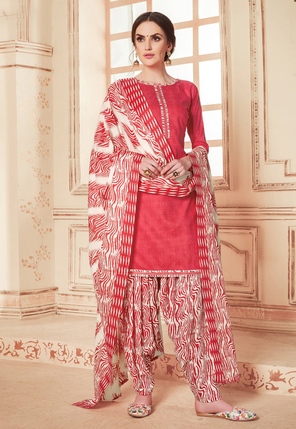 Pink Cotton Printed Patiala Suit 199654