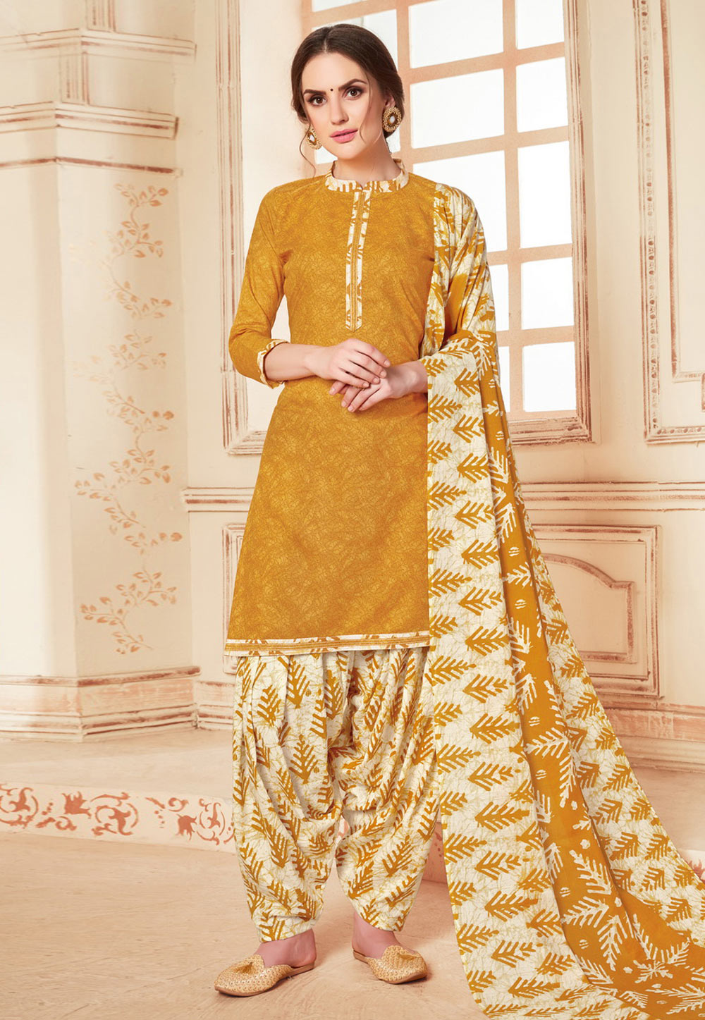 Yellow Cotton Printed Patiala Suit 199656