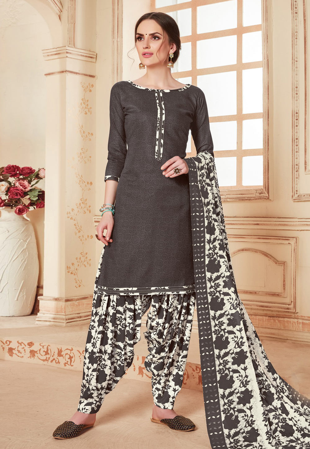 Grey Cotton Printed Punjabi Suit 199657