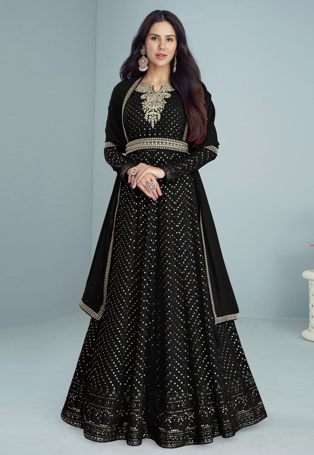 Black Faux Georgette Abaya Style Anarkali Suit 254774