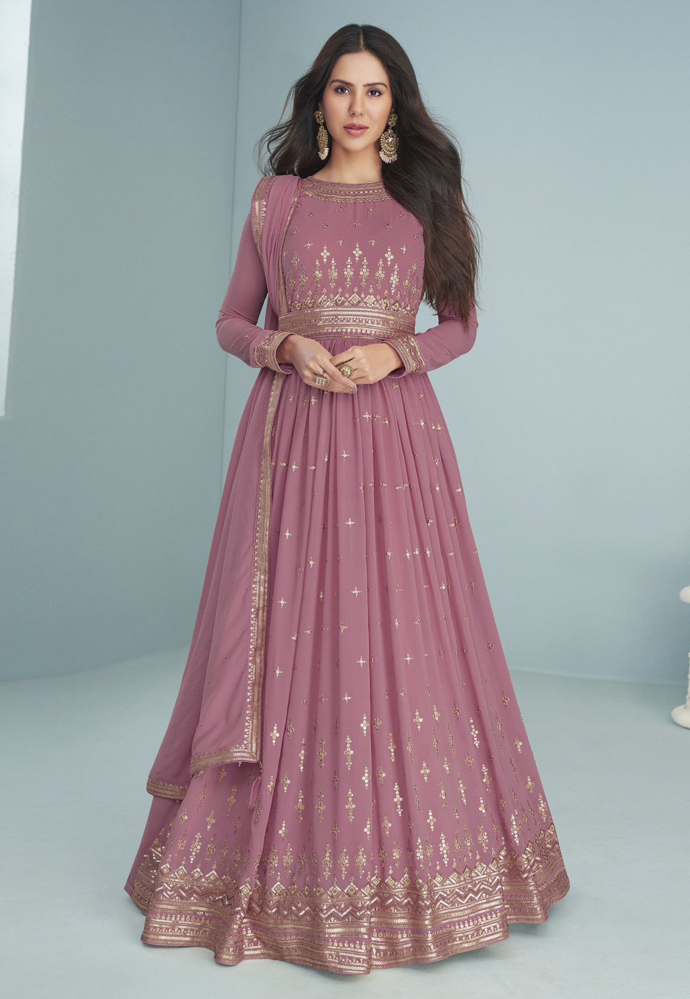 Pink Faux Georgette Abaya Style Anarkali Suit 256075